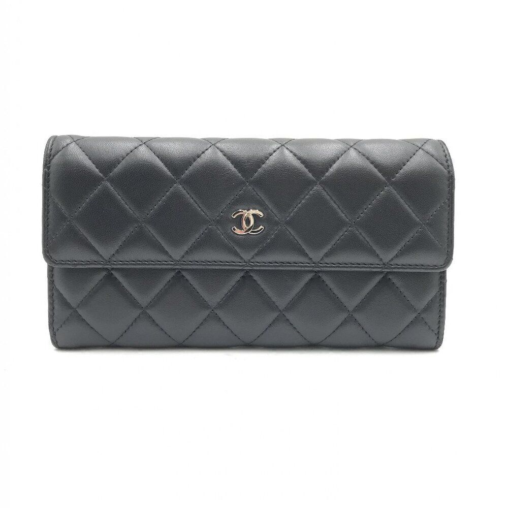 Chanel  Lambskin Quilted Long Flap Wallet Black with Silver Hardware